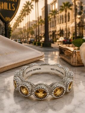Judith Ripka 925 Sterling Silver Citrine Eternity Band Ring Size 7 Signed